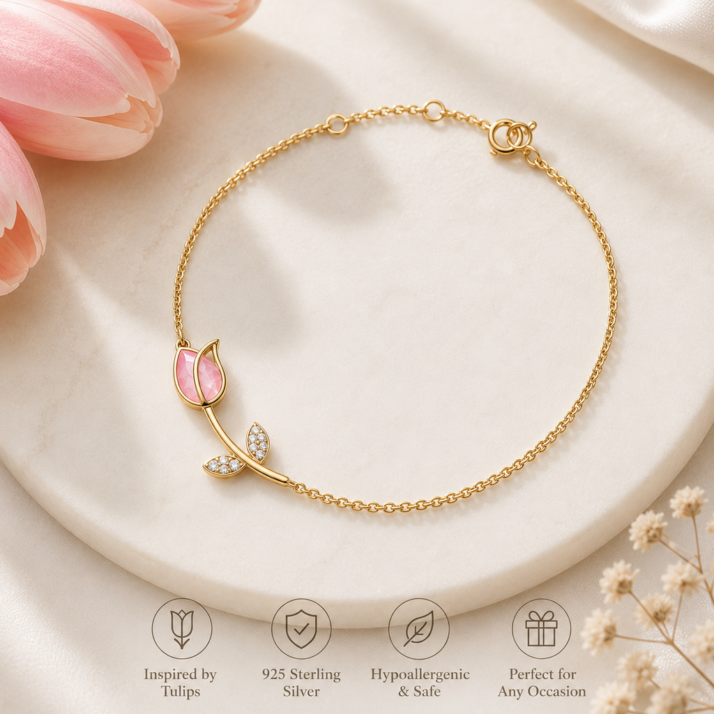 Rose Quartz Tulip Bloom Bracelet in 925 Sterling Silver