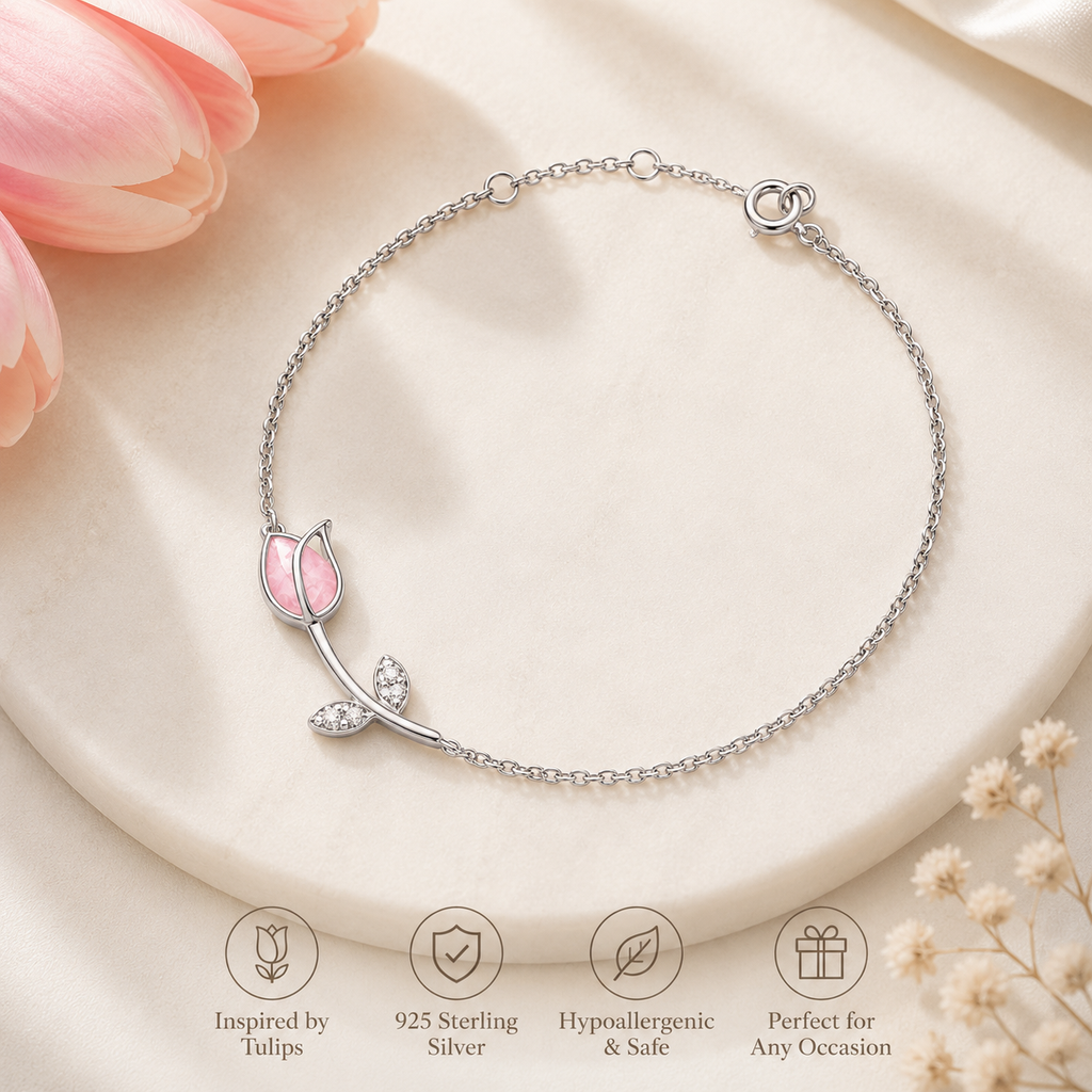 Rose Quartz Tulip Bloom Bracelet in 925 Sterling Silver