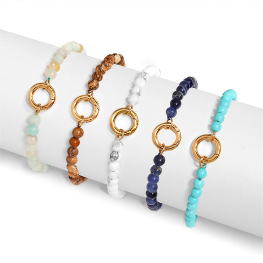 18K Gold PVD Stainless Steel Semi Precious Natural Stone Charm Keeper Bracelet